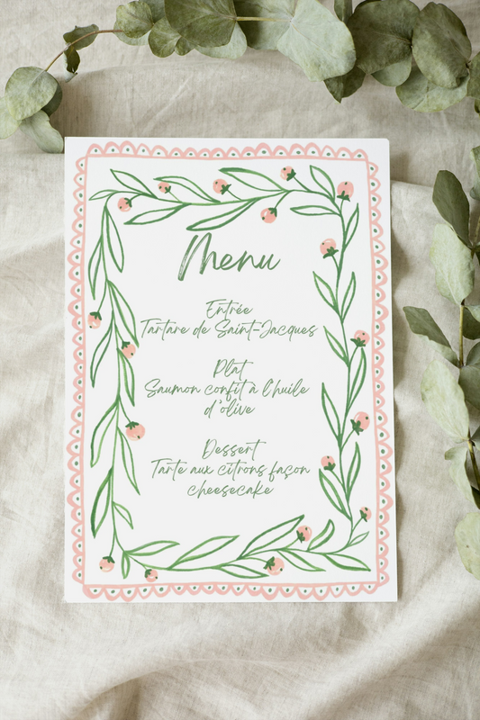 Menu et marque-places Aubépine vert et rose.