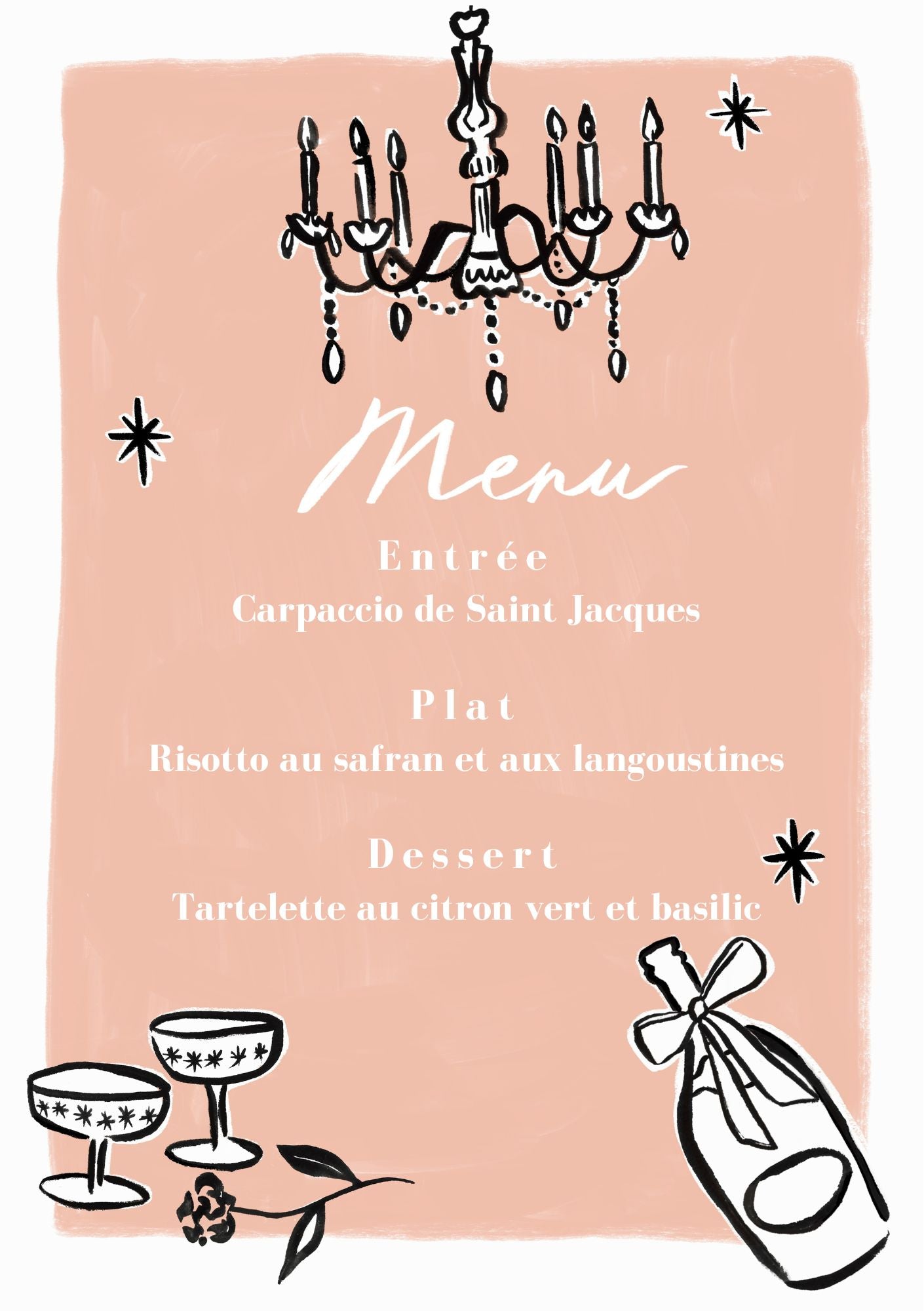 Menu et marque-places Champagne rose et noir.