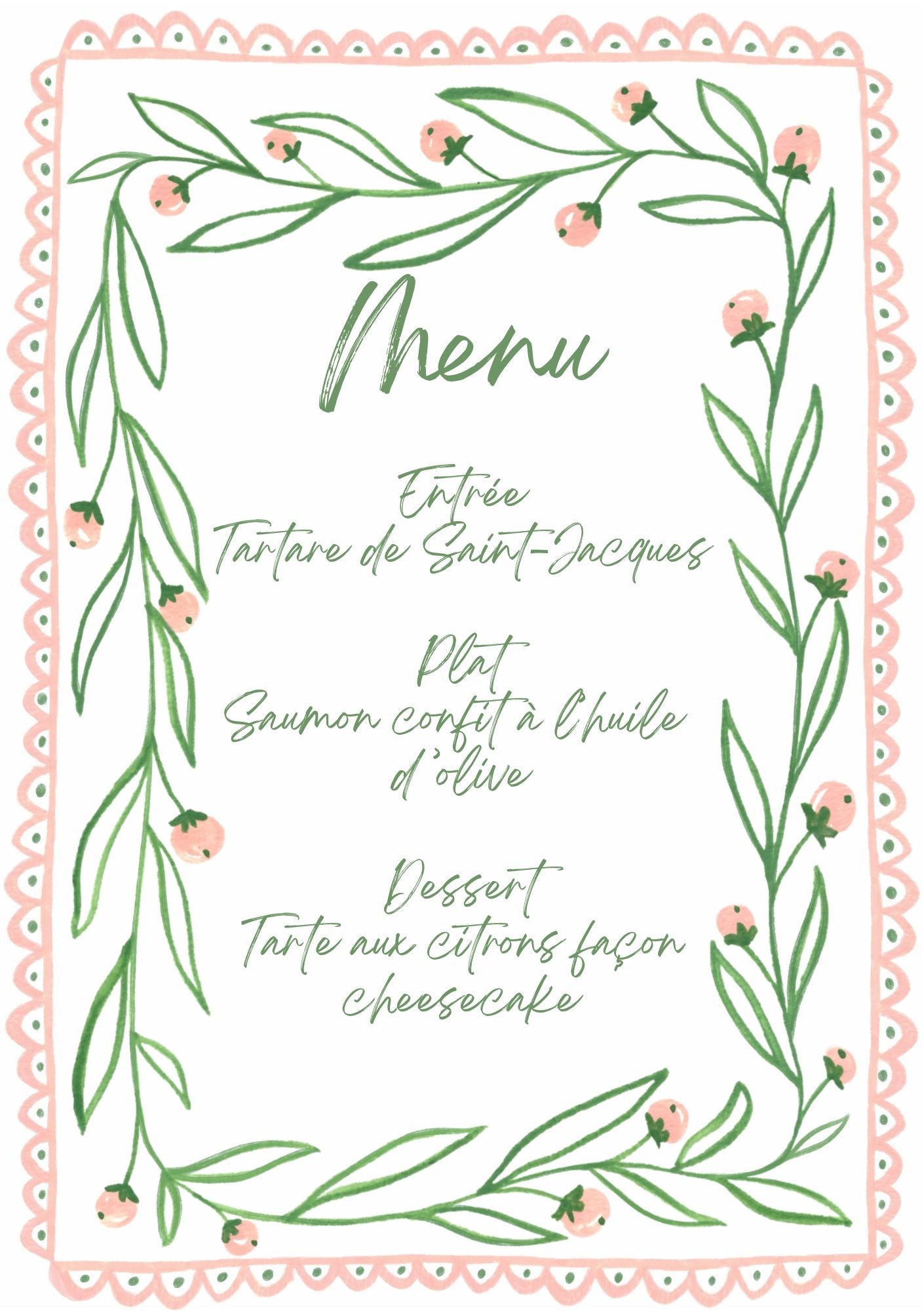 Menu et marque-places Aubépine vert et rose.