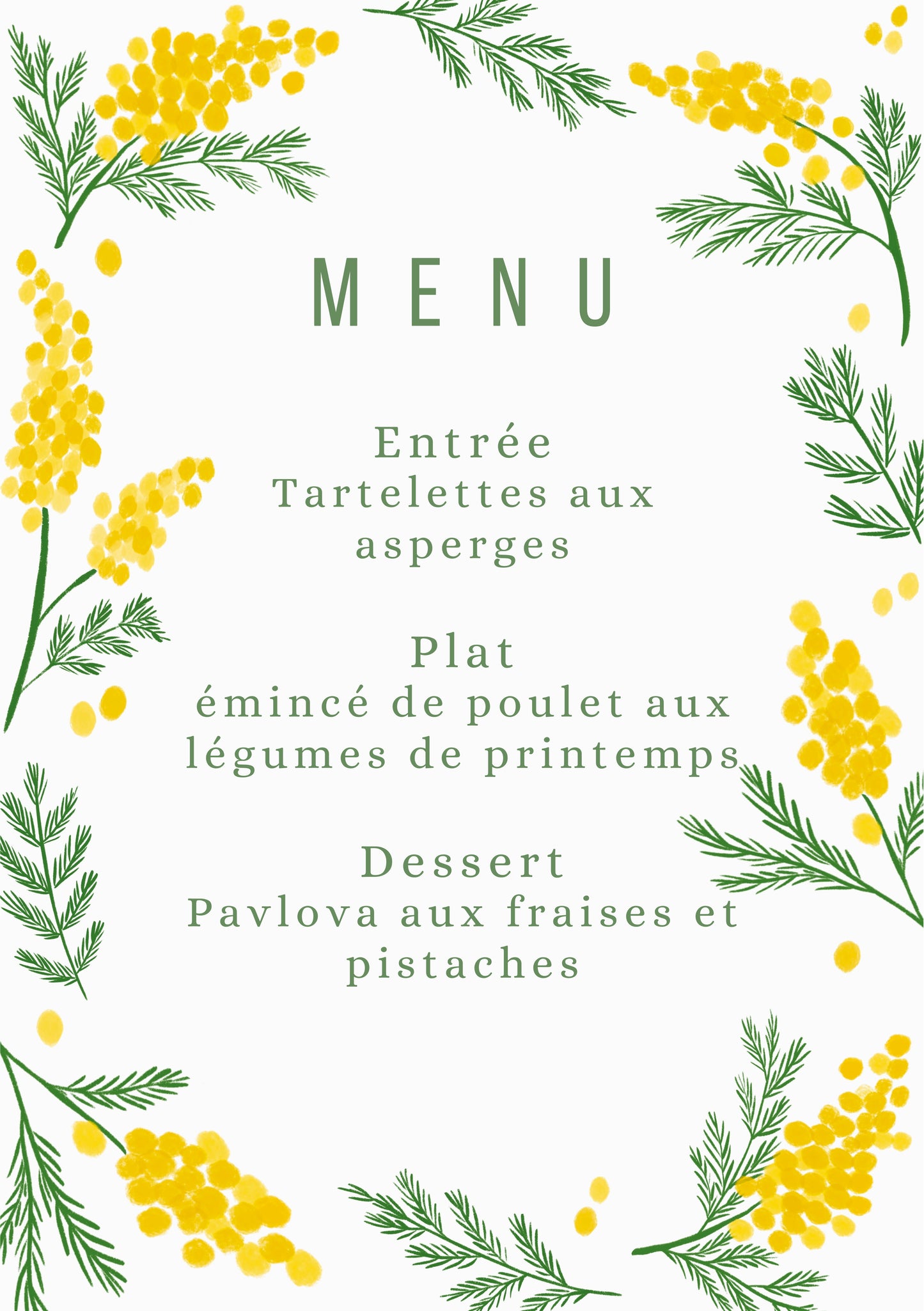 Menu et marque-places Mimosa.