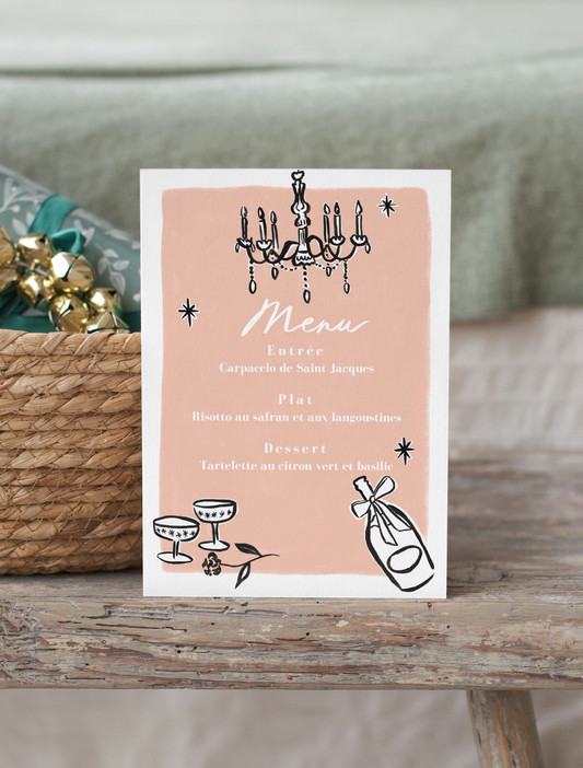 Menu et marque-places Champagne rose et noir.