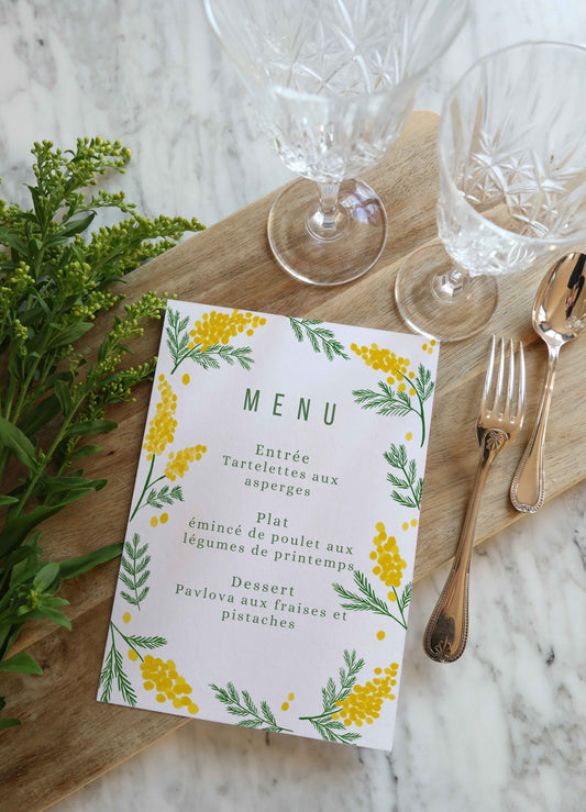 Menu et marque-places Mimosa.