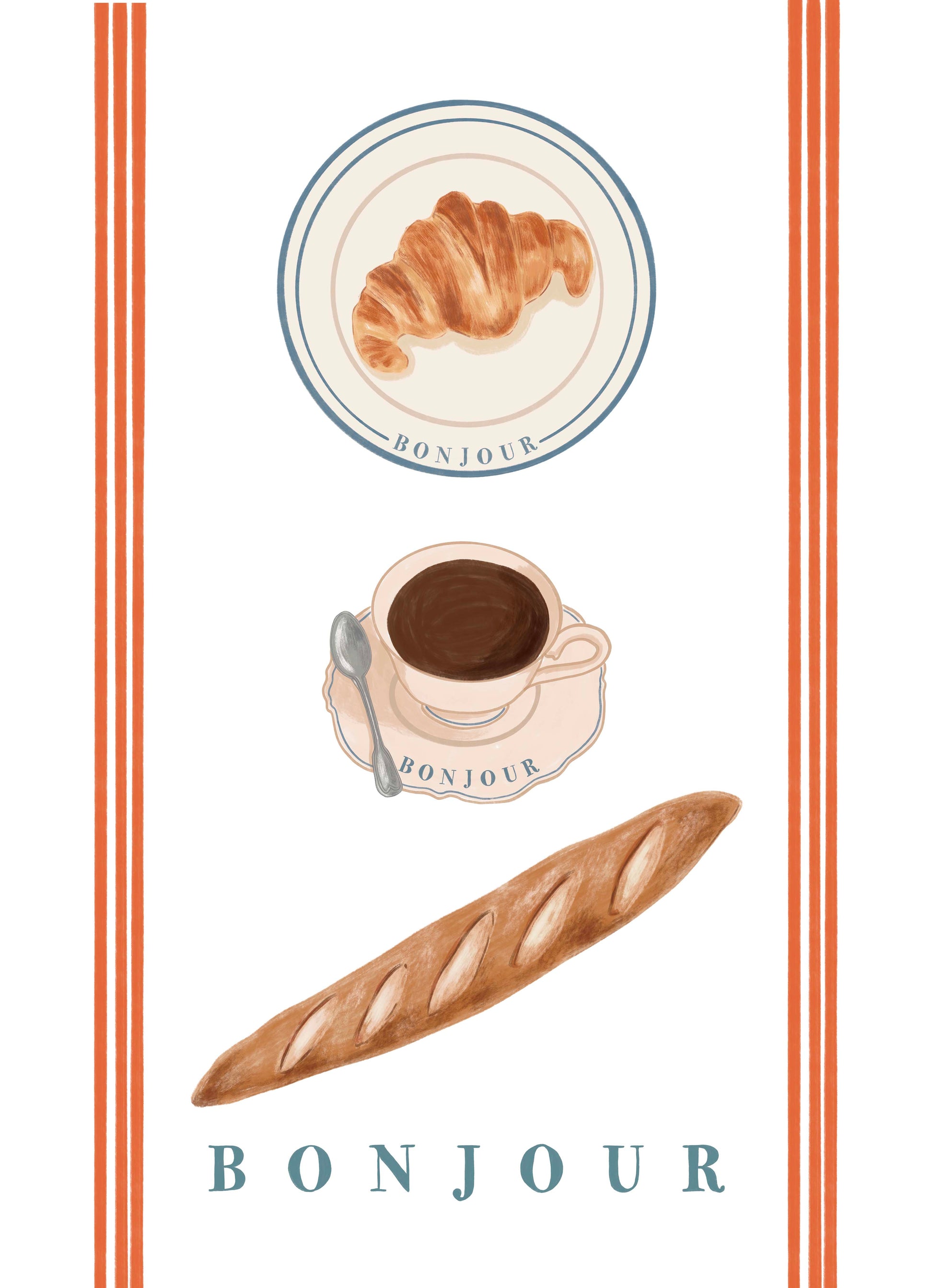 Torchon collection Petit déjeuner, croissant, café et baguette