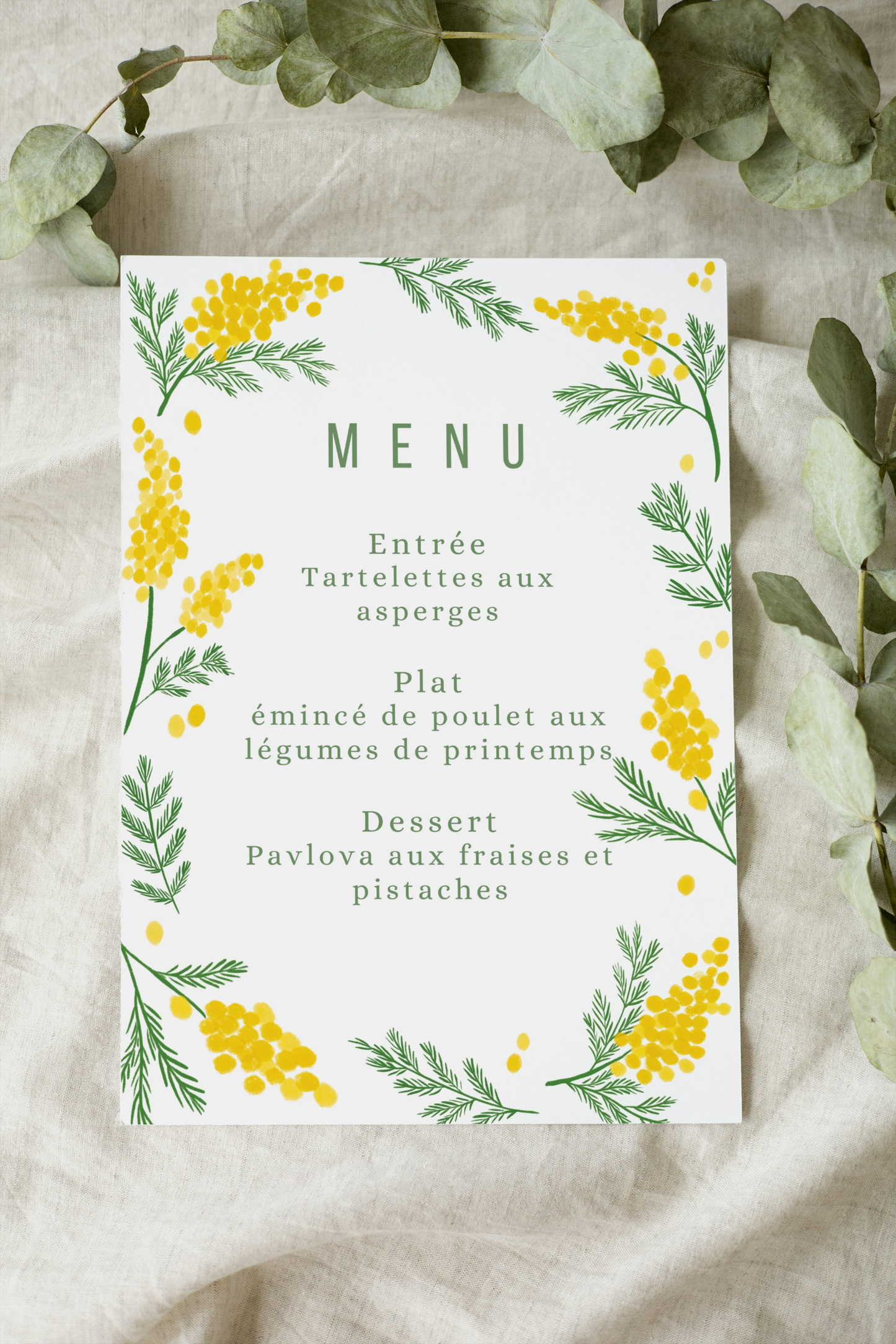 Menu et marque-places Mimosa.