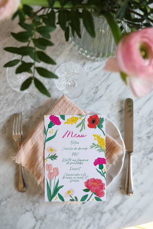 Menu et marque-places Langage des fleurs.