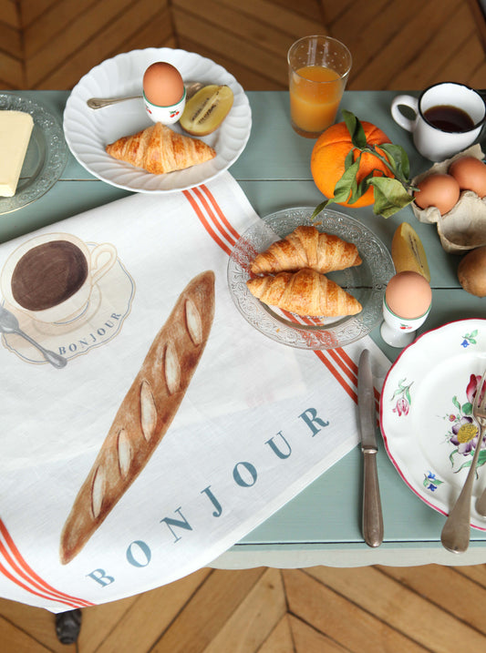 Torchon collection Petit déjeuner. Croissant, tasse de café et baguette