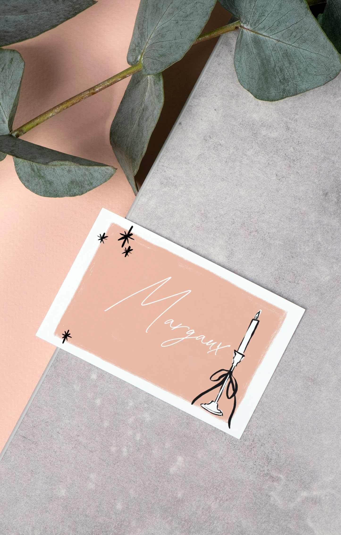 Menu et marque-places Champagne rose et noir.