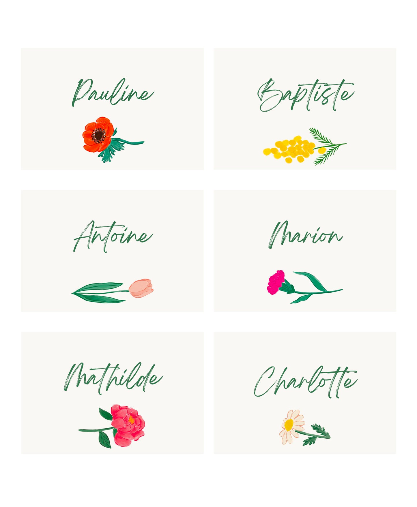 Menu et marque-places Langage des fleurs.