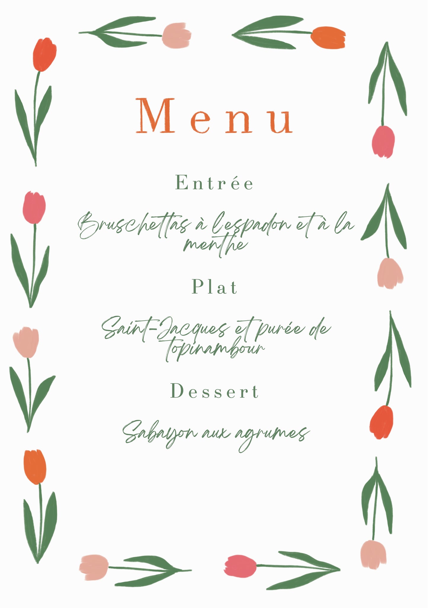 Menu et marque-places Tulipes.